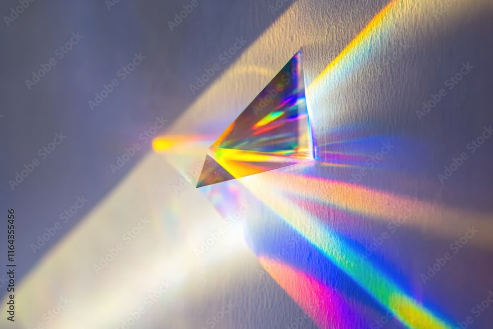 Poster a bright light shines through a prism on a wall, creating a colorful display