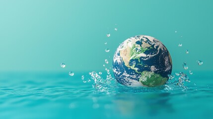 Earth Globe Floating on Water with Splashing Droplets
