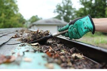 A person is cleaning a gutter with a leaf blower