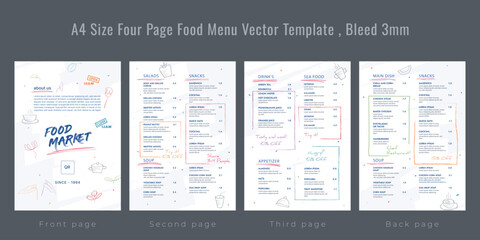 Restaurant cafe menu, template design, A4 size four page food menu template, Bleed 3mm