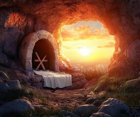 Serene Dawn View of an Ancient Cave Entrance with a Cross and Draped Cloth, Illuminated by a Beautiful Sunrise Over a Scenic Landscape
