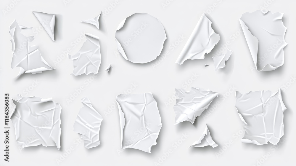 Poster white stickers with curl corners and wrinkles. peeling off sticky notes, crumpled paper labels circl