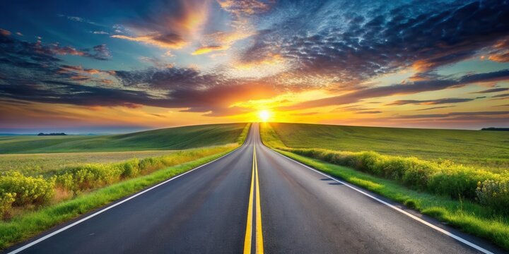 Asphalt road stretching towards a vibrant sunset over rolling green hills and yellow wildflowers