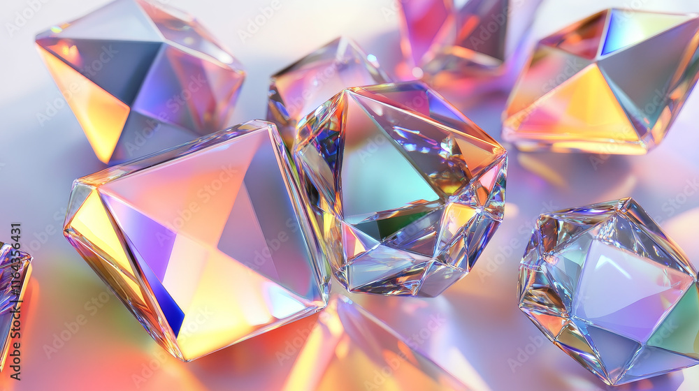 Poster realistic 3d set of iridescent geometric figures isolated on transparent background. vector illustra