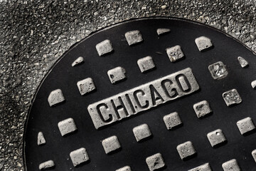 Old Manhole Cover in Chicago City on Street with Texture Worn and Weathered