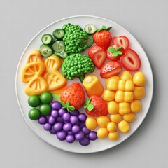 Colorful fruit and vegetable arrangement on a white plate with room for text or design elements in a neutral background. Generative AI