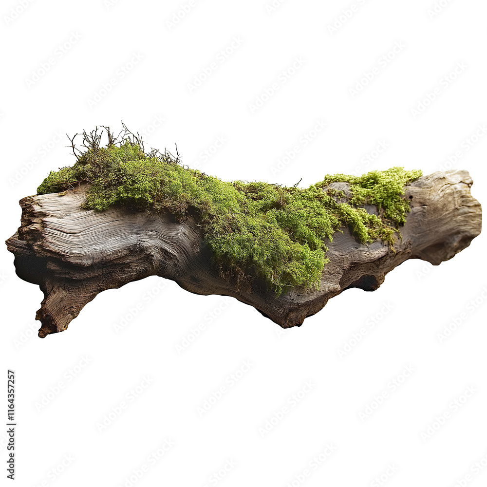 Poster weathered tree branch covered with vibrant green moss on white background