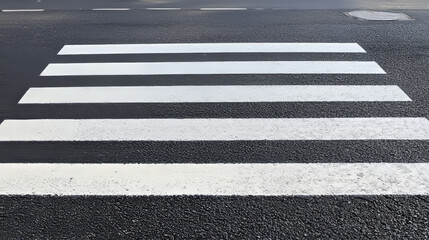 Top view of crosswalk on car road. City street with pedestrian crossing for safety walk. Vector background of black asphalt surface with white zebra lines road marking