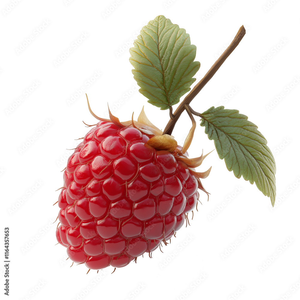 Poster ripe red raspberry hanging on a branch with green leaves