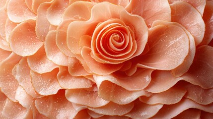 Fototapeta premium Delicate rose-shaped arrangement of pink ham slices.