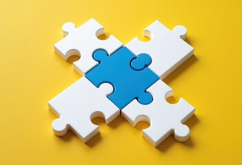 Fototapeta premium Four white puzzle pieces, one blue on yellow background