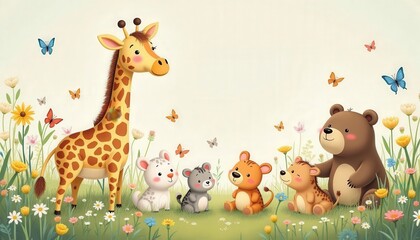 Naklejka premium Giraffe, bear, and mice sitting in flowered field with butterflies