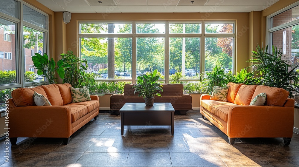 Poster this cozy sitting area features orange couches and a coffee table surrounded by greenery. sunlight p