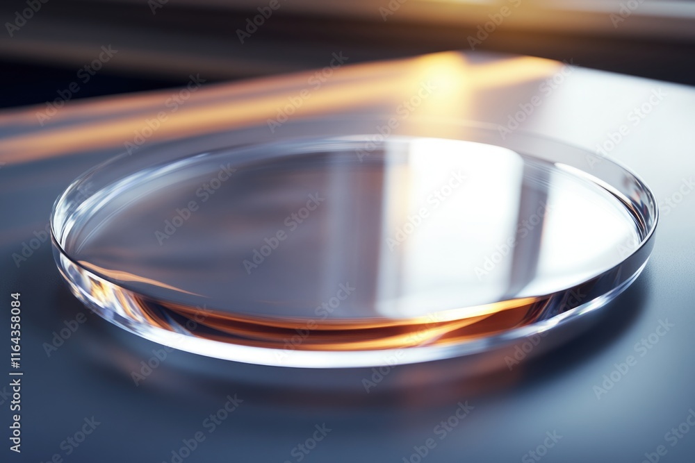 Poster a close-up shot of a glass plate on a table, perfect for showcasing small objects or adding a touch 