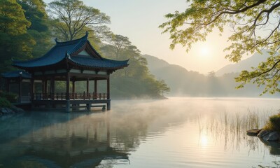 Fototapeta premium Gazebo on misty lake at sunrise