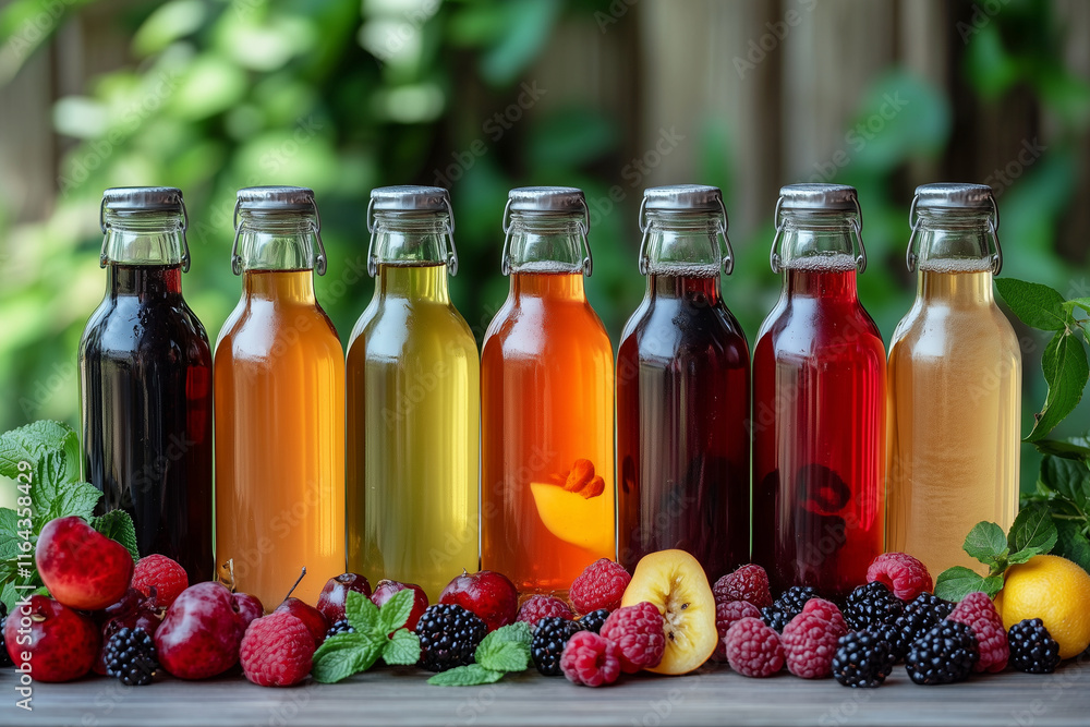 Poster row of six bottles of different colored drinks, including a green bottle with a green label. the bot