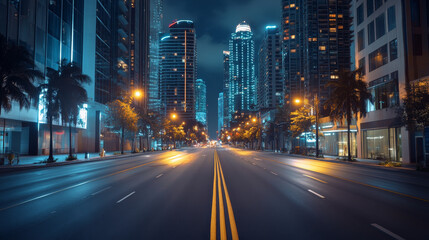 City street with houses and buildings with glowing windows at night. Cityscape with empty road, houses and skyscrapers with neon color ligth, vector cartoon illustration