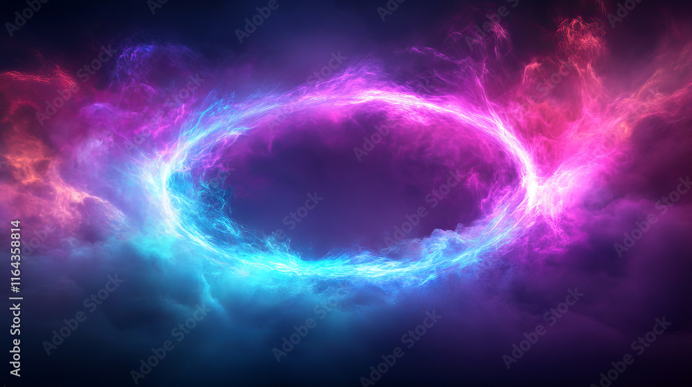 Poster bright neon circle with colorful cloud or steam. realistic vector illustration of luminous led ring 