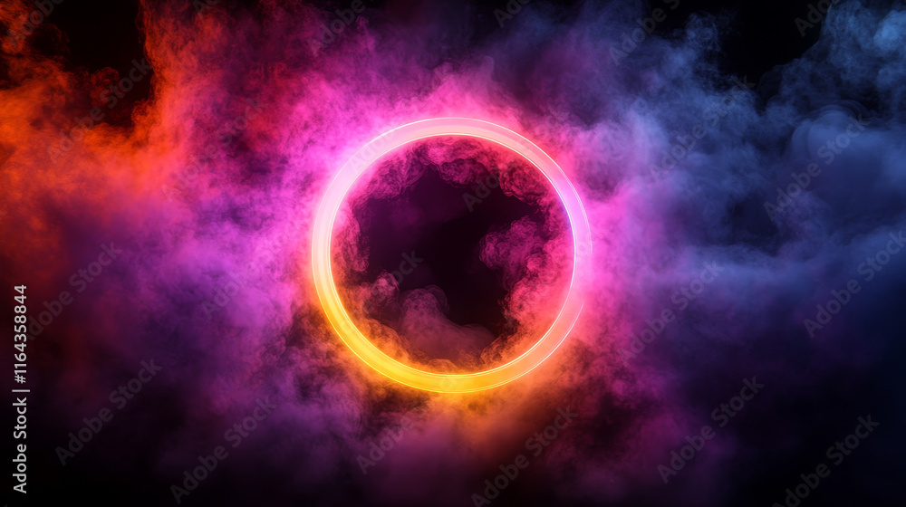 Poster bright neon circle with colorful cloud or steam. realistic vector illustration of luminous led ring 