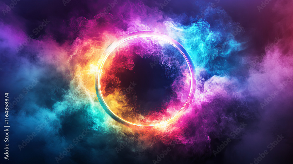 Poster bright neon circle with colorful cloud or steam. realistic vector illustration of luminous led ring 
