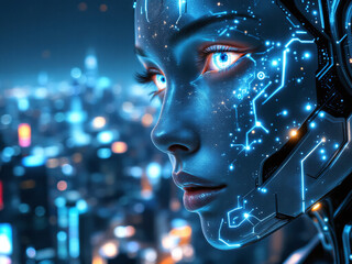 A digitally rendered woman with glowing green eyes and cybernetic enhancements stands against a neon city backdrop.