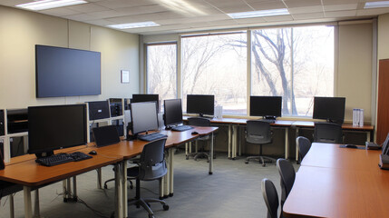 Computer class, open space office interior. Empty school, modern business workplace, room for coworking or studying. Cabinet with furniture, pc on desks, tv screen, windows cartoon vector illustration