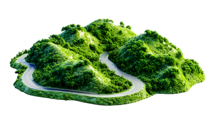 Winding mountain road with lush green vegetation, photorealistic, isolated on a white background.