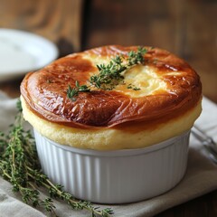 Golden Crust Savory Souffle Baked in White Ramekin