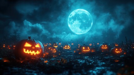 Fototapeta premium Spooky Halloween pumpkins under a blue moon.