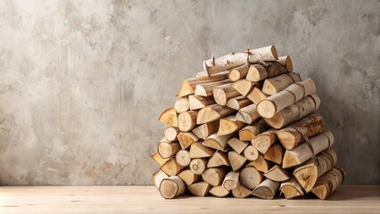 A neatly stacked pile of firewood against a textured wall