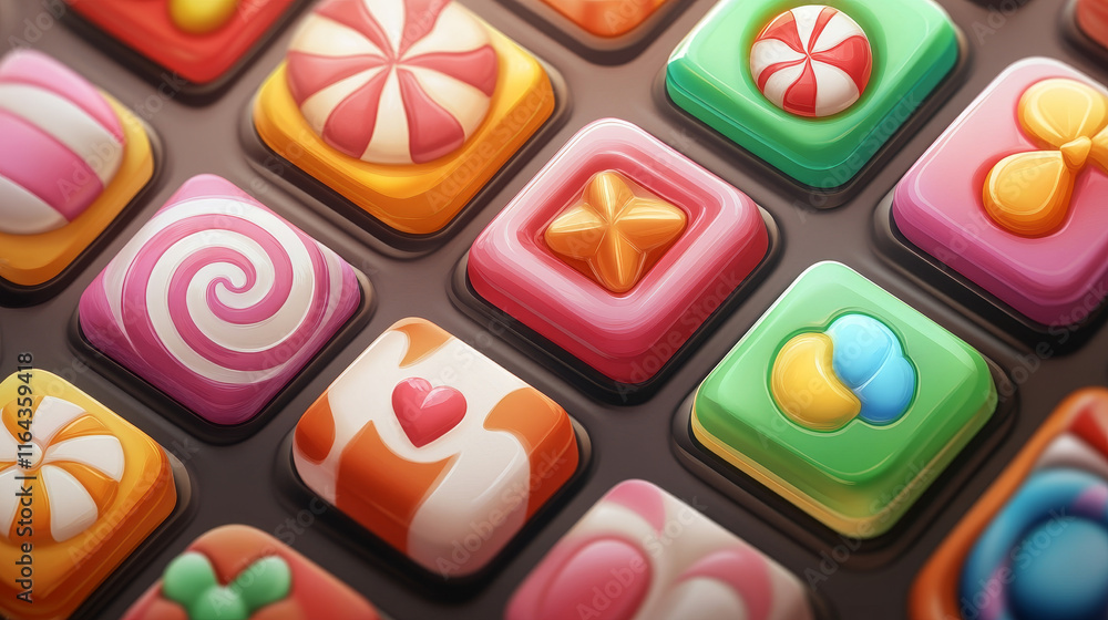 Poster set of candy app icons, game ui square buttons, cartoon lollipop menu interface, colorful blocks wit