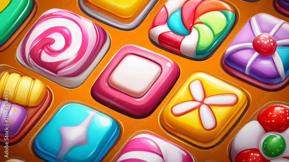 Poster set of candy app icons, game ui square buttons, cartoon lollipop menu interface, colorful blocks wit