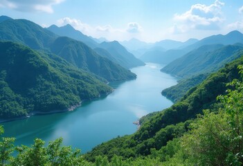 Green mountains surround a blue lake, sky with clouds