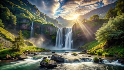 Majestic Waterfall Cascading Down Lush Mountainside at Sunrise