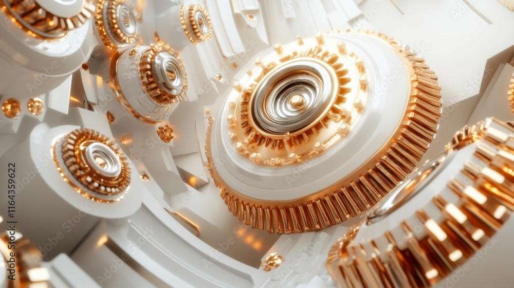 Poster abstract geometric background featuring intricate golden gears and white machinery elements in a fut