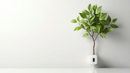 Minimalist tree icon with symmetrical leaves and a small plug at the base on a bright white background