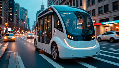 Fototapeta premium Autonomous electric taxi pod gliding through city center at dusk, future transport