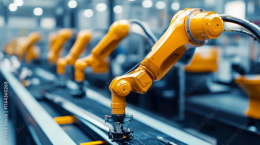 Poster advanced industrial robotics in a modern manufacturing environment showcasing a sleek yellow robotic