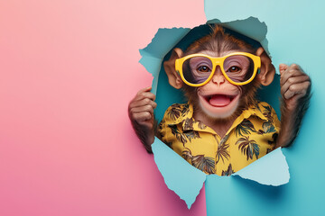 monkey wearing sunglasses and a yellow shirt is peeking out of a hole in a wall. The image has a playful and lighthearted mood, as the monkey is dressed up in a funny outfit