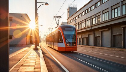 Obraz premium Autonomous cargo tramway in industrial district during morning light, future transport