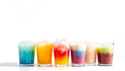 cups with rainbow colored slush ice drinks, row on white background