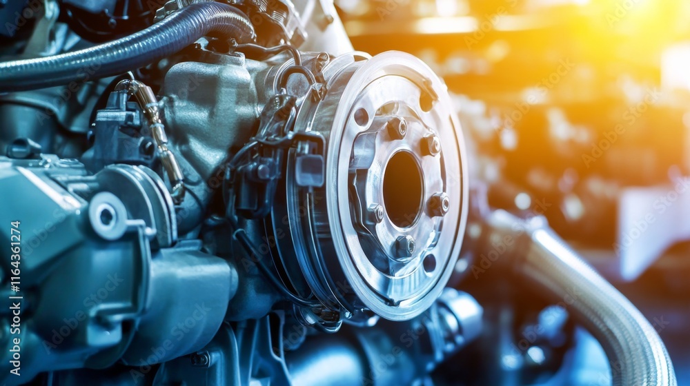 Poster close-up of a complex engine component with shiny metal finish and intricate details, capturing the 