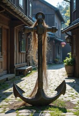Large Anchor with Rope in Cobblestone Path, Wood Buildings