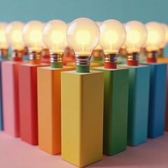 Light bulbs on colorful blocks arranged in a row