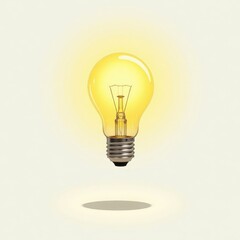 Lit light bulb with filament and shadow on pale background