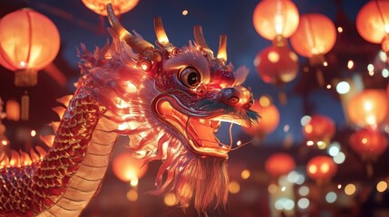 A dragon dance performance illuminated solely by the warm glow of paper lanterns.