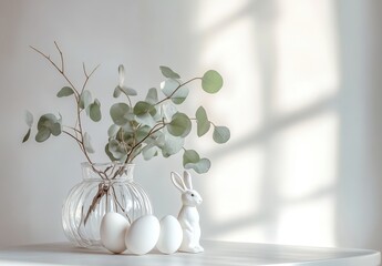 Serene Still Life with White Eggs, Eucalyptus Leaves, and a Charming Bunny Figurine in Soft Natural Light Illustrating Calmness and Simplicity