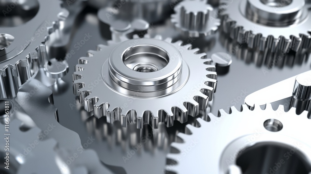 Poster close-up of interlocking metallic gears on a reflective surface showcasing precision engineering and