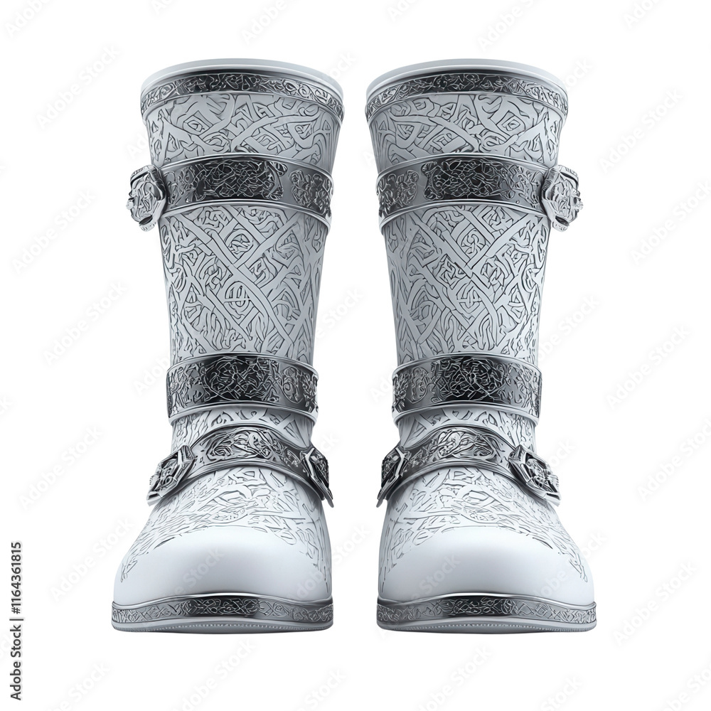 Poster elegant white boots with intricate patterns and metallic buckles, showcasing a unique design and cra