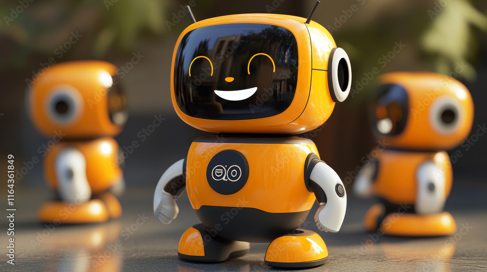 Poster cute robot character with smile face. 3d realistic vector set of cartoon funny ai chatbot mascot in 